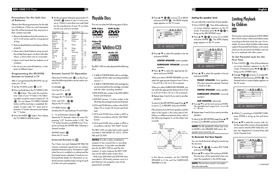 Playable discs, Limiting playback by children, Programming the rr-dv96 remote to control a tv | Remote control tv operation, External remote in, English | ROTEL RDV-1050 User Manual | Page 10 / 20