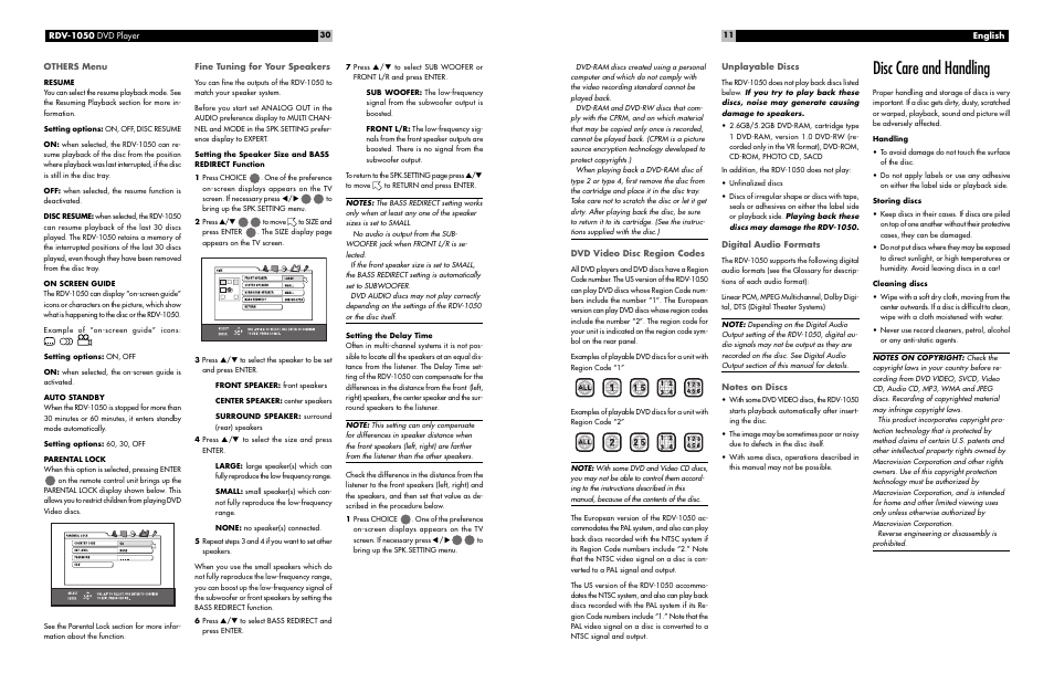 Disc care and handling | ROTEL RDV-1050 User Manual | Page 11 / 20