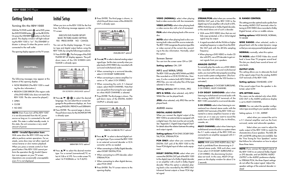 Getting started, Initial setup | ROTEL RDV-1050 User Manual | Page 12 / 20