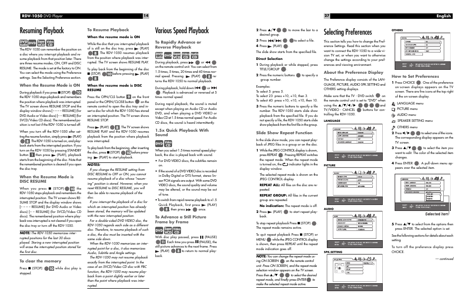 Resuming playback, Various speed playback, Selecting preferences | ROTEL RDV-1050 User Manual | Page 14 / 20