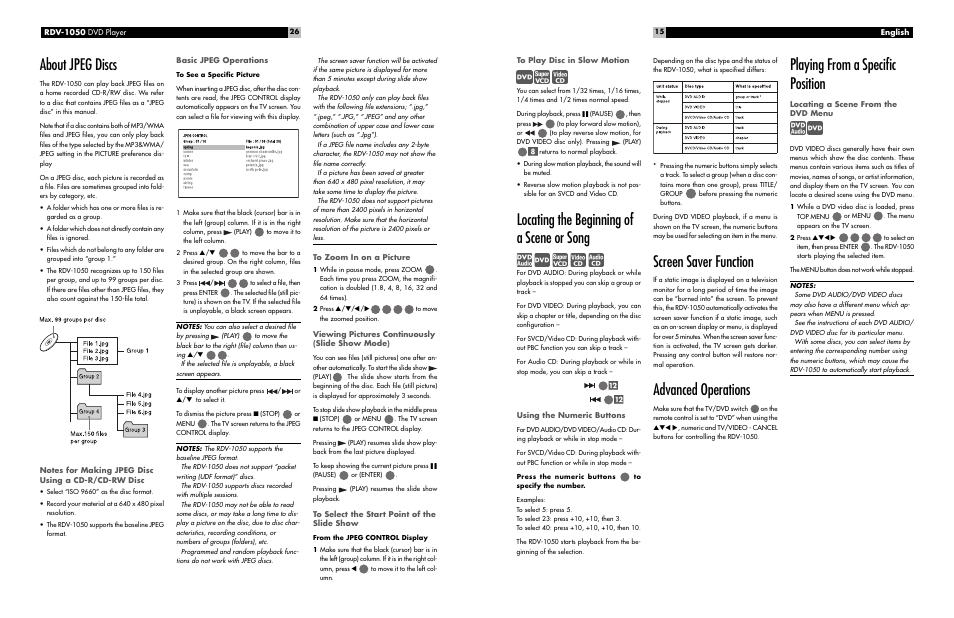 Locating the beginning of a scene or song, Screen saver function, Advanced operations | Playing from a specific position, About jpeg discs | ROTEL RDV-1050 User Manual | Page 15 / 20