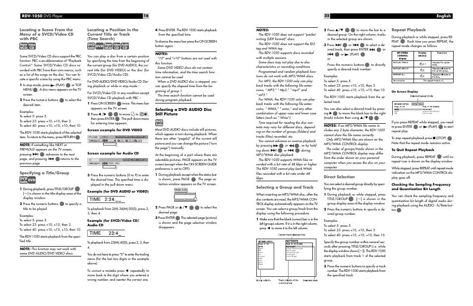 Specifying a title/group, Selecting a dvd audio disc still picture, English | Selecting a group and track, Direct selection, Repeat playback | ROTEL RDV-1050 User Manual | Page 16 / 20