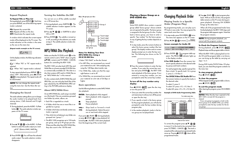 Changing playback order, Mp3/wma disc playback | ROTEL RDV-1050 User Manual | Page 17 / 20