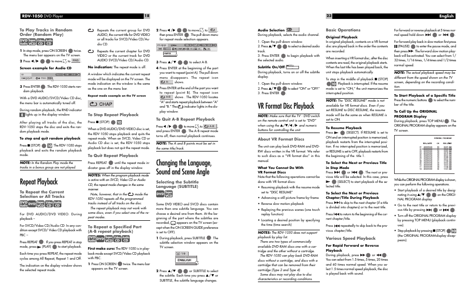 Repeat playback, Changing the language, sound and scene angle, Vr format disc playback | ROTEL RDV-1050 User Manual | Page 18 / 20