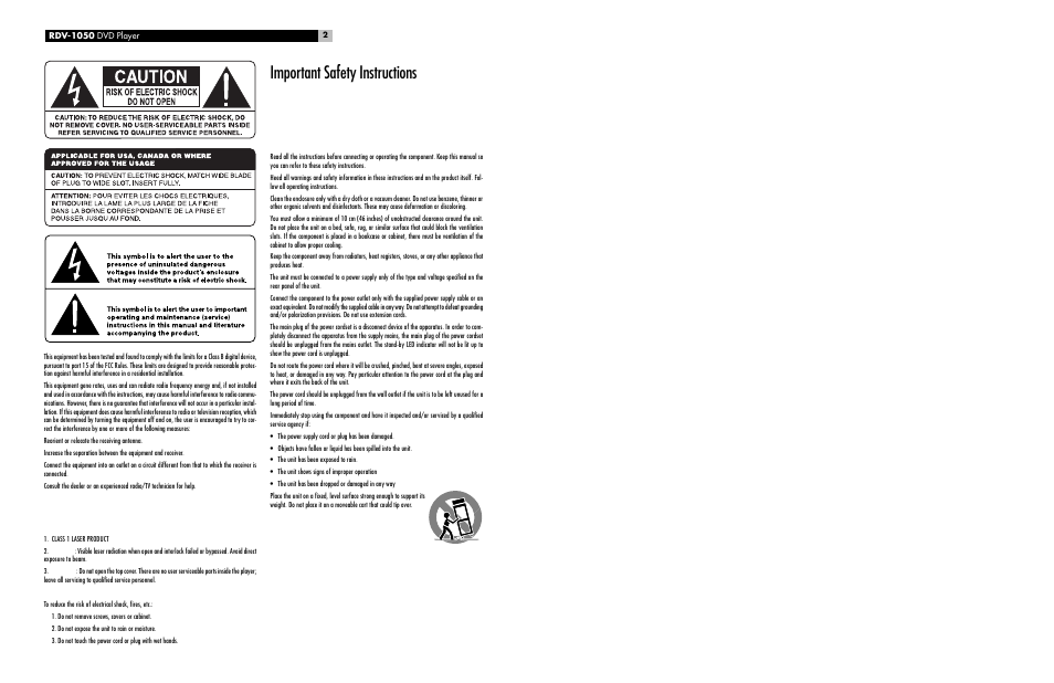 Important safety instructions | ROTEL RDV-1050 User Manual | Page 2 / 20