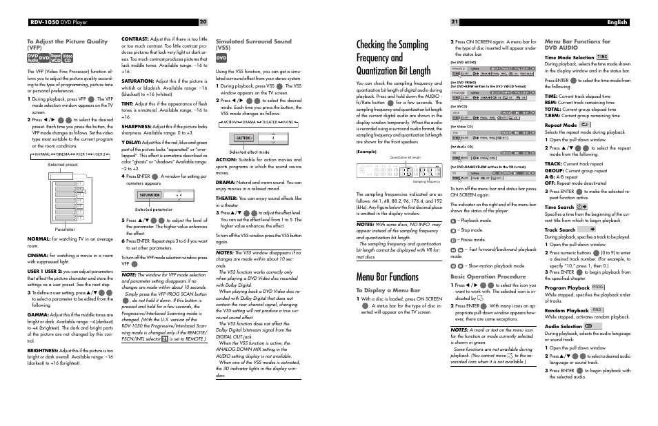 Menu bar functions | ROTEL RDV-1050 User Manual | Page 20 / 20