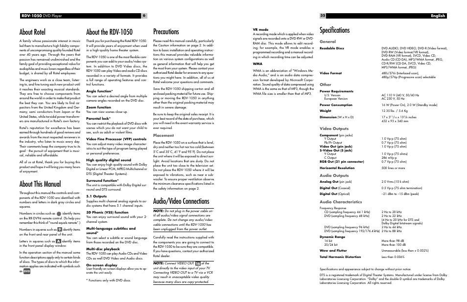 About the rdv-1050, About rotel, About this manual | Precautions, Audio/video connections, Specifications | ROTEL RDV-1050 User Manual | Page 6 / 20