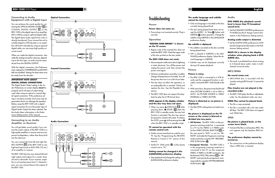 Troubleshooting, Connecting to an audio amplifier or receiver, English | Power, Operation, Picture, Audio, Mp3/wma, Jpeg, Amplifier or receiver | ROTEL RDV-1050 User Manual | Page 8 / 20