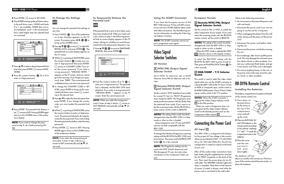 Video signal selector switches, Connecting the power cord, Rr-dv96 remote control | ROTEL RDV-1050 User Manual | Page 9 / 20