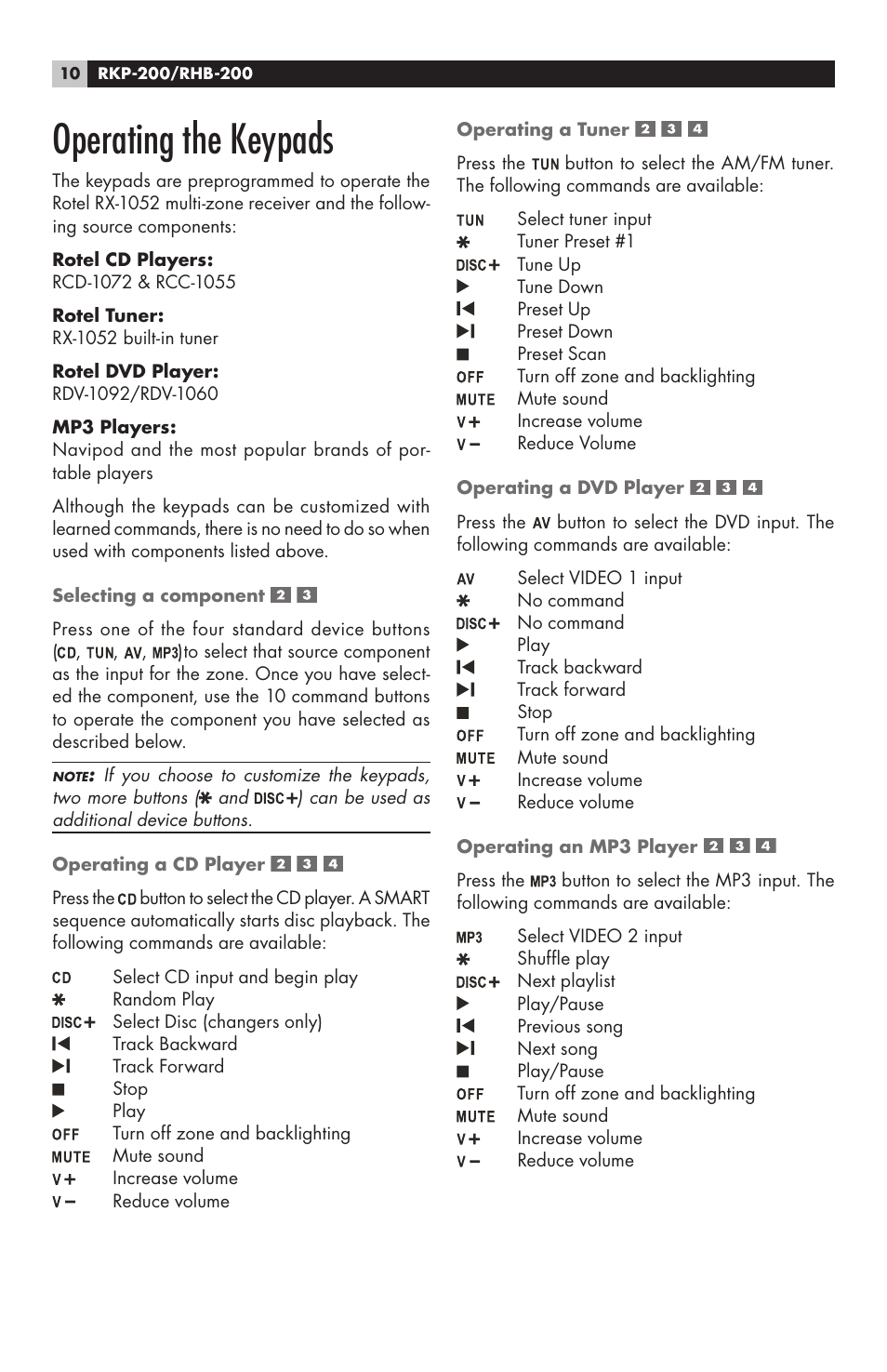 Operating the keypads | ROTEL RHB-200 User Manual | Page 10 / 18