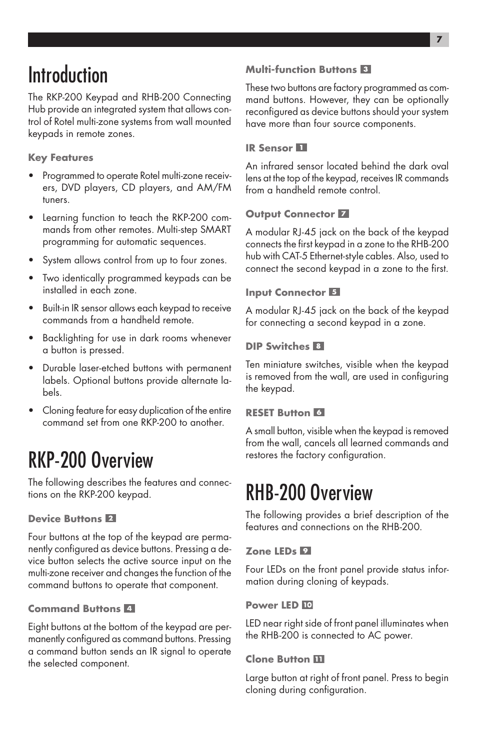 Introduction, Rkp-200 overview, Rhb-200 overview | ROTEL RHB-200 User Manual | Page 7 / 18