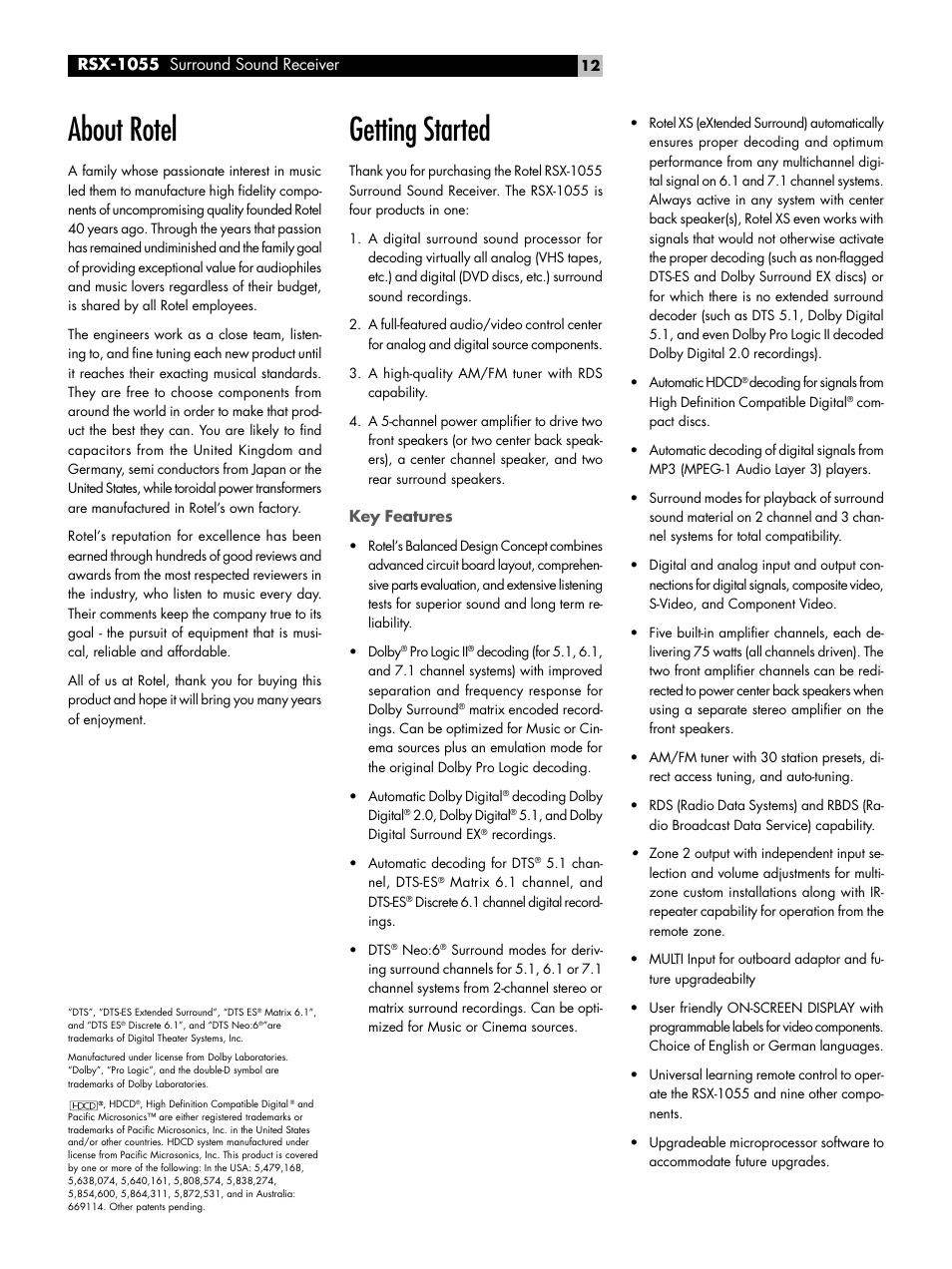 About rotel, Getting started, Key features | Getting started key features, Rsx-1055 surround sound receiver | ROTEL Surround Sound Receiver RSX-1055 User Manual | Page 12 / 36