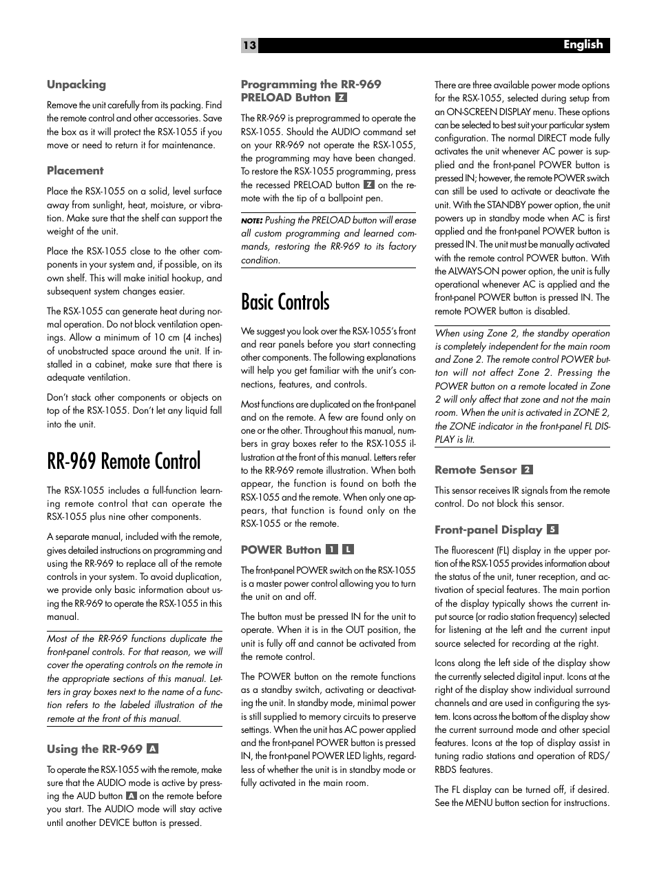 Unpacking, Placement, Rr-969 remote control | Using the rr-969, Programming the rr-969 preload button, Basic controls, Power button, Remote sensor, Front-panel display, Unpacking placement | ROTEL Surround Sound Receiver RSX-1055 User Manual | Page 13 / 36