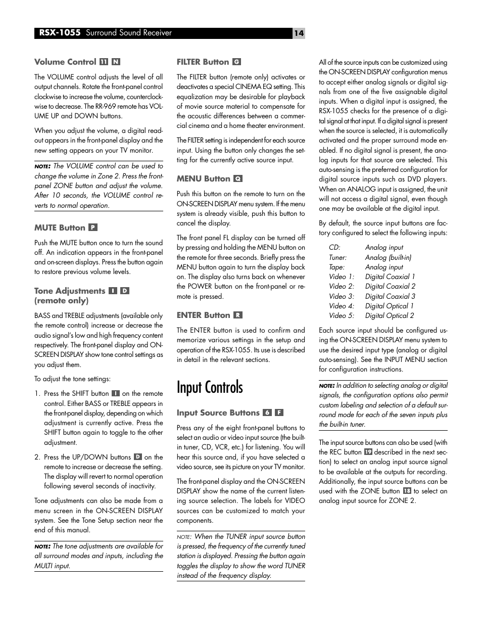 Volume control, Mute button, Tone adjustments | Filter button, Menu button, Enter button, Input controls, Input source buttons, Input controls input source buttons | ROTEL Surround Sound Receiver RSX-1055 User Manual | Page 14 / 36