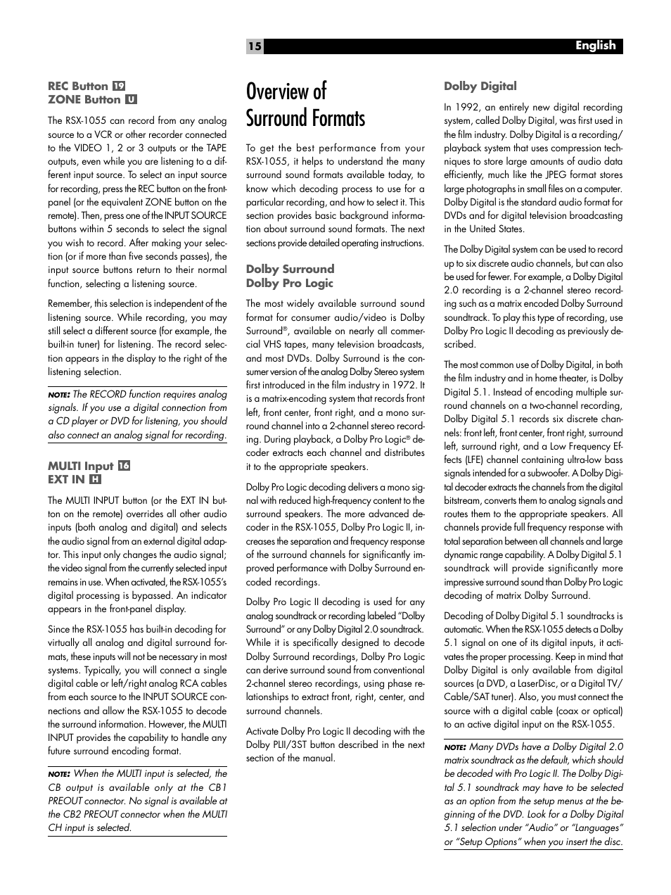 Rec button zone button, Multi input ext in, Overview of surround formats | Dolby surround dolby pro logic, Dolby digital | ROTEL Surround Sound Receiver RSX-1055 User Manual | Page 15 / 36