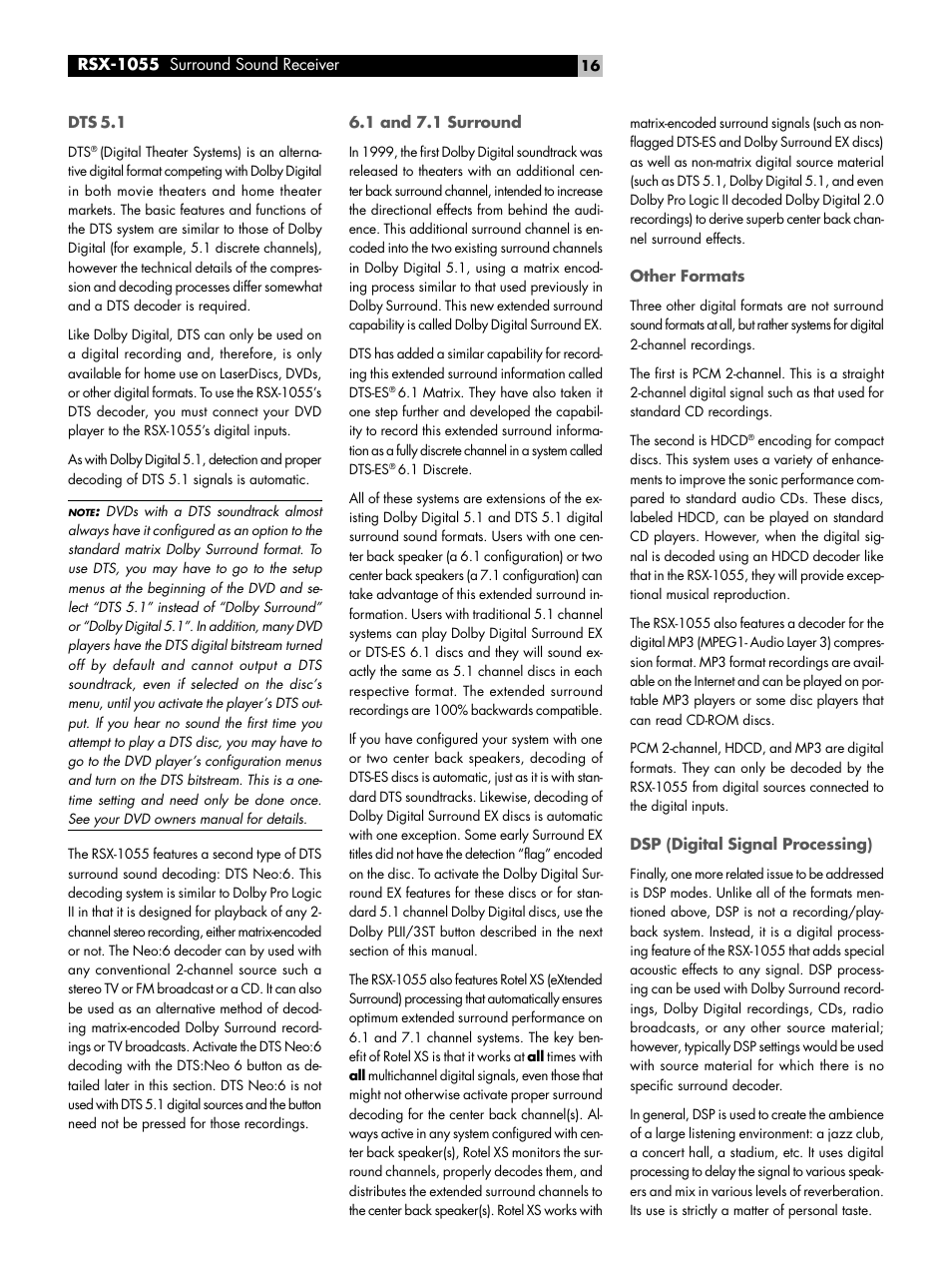 Dts 5.1, 1 and 7.1 surround, Other formats | Dsp (digital signal processing) | ROTEL Surround Sound Receiver RSX-1055 User Manual | Page 16 / 36