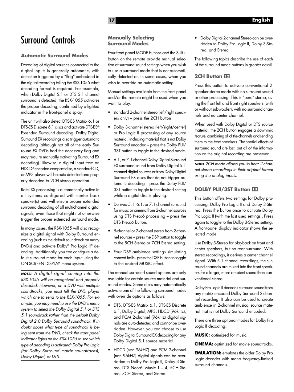 Surround controls, Automatic surround modes, Manually selecting surround modes | 2ch button, Dolby plii/3st button | ROTEL Surround Sound Receiver RSX-1055 User Manual | Page 17 / 36