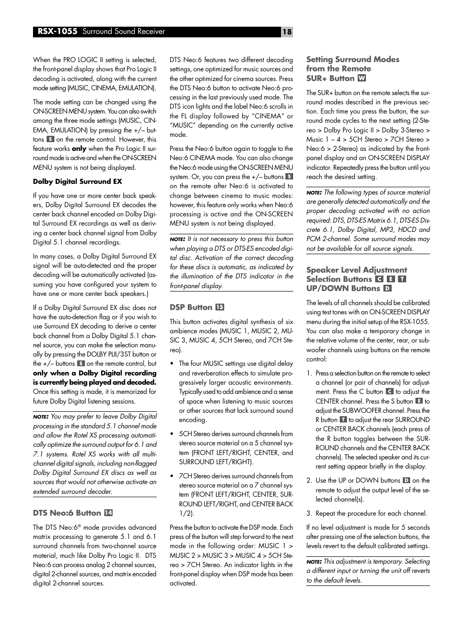 Dts neo:6 button, Dsp button, Setting surround modes from the remote sur+ button | Speaker level adjustment selection buttons, Up/down buttons | ROTEL Surround Sound Receiver RSX-1055 User Manual | Page 18 / 36