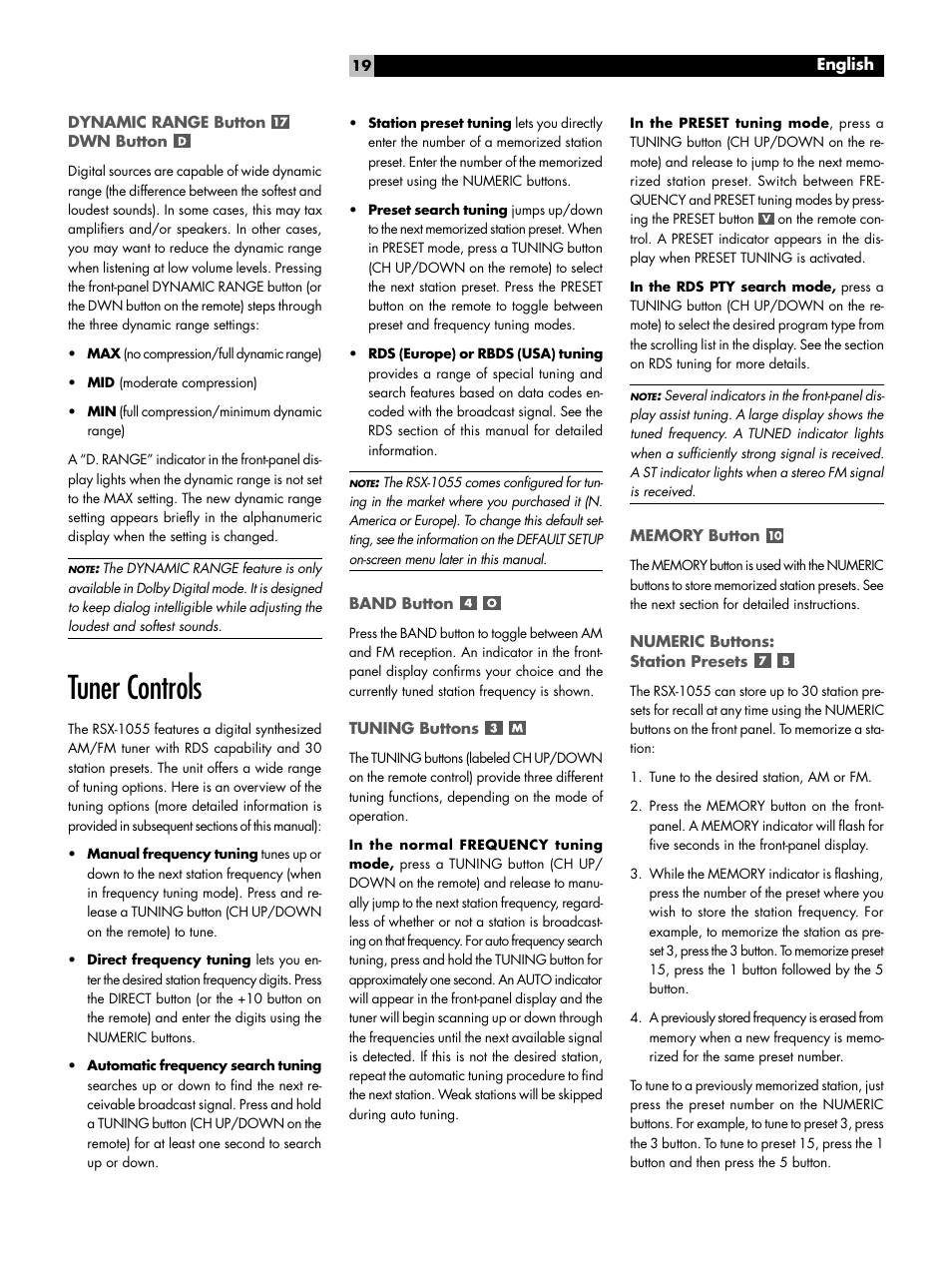 Dynamic range button dwn button, Tuner controls, Band button | Tuning buttons, Memory button, Numeric buttons: station presets, Tuner controls band button | ROTEL Surround Sound Receiver RSX-1055 User Manual | Page 19 / 36