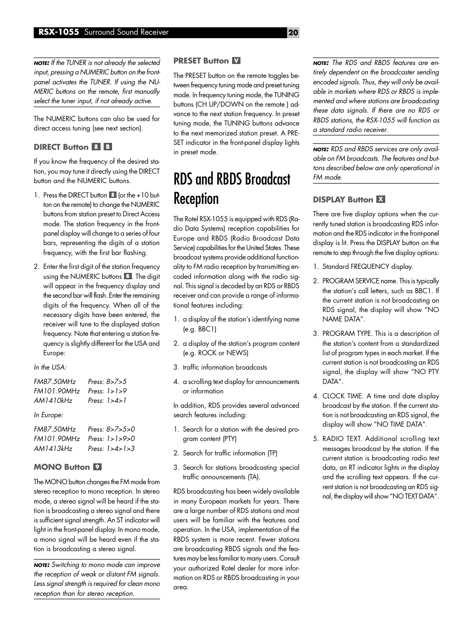 Direct button, Mono button, Preset button | Rds and rbds broadcast reception, Display button, Rds and rbds broadcast reception display button | ROTEL Surround Sound Receiver RSX-1055 User Manual | Page 20 / 36