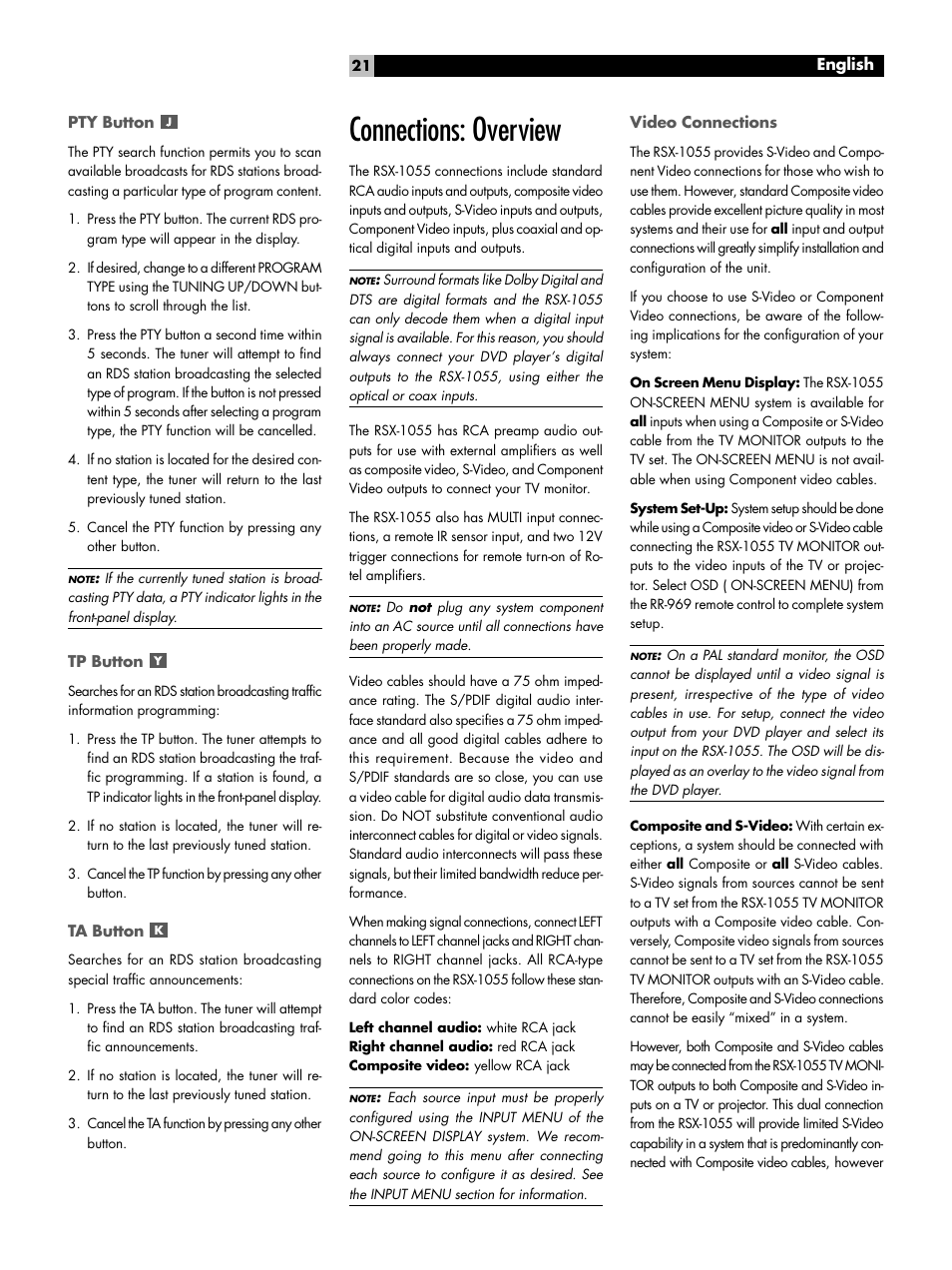 Pty button, Tp button, Ta button | Connections: overview, Video connections, Connections: overview video connections | ROTEL Surround Sound Receiver RSX-1055 User Manual | Page 21 / 36