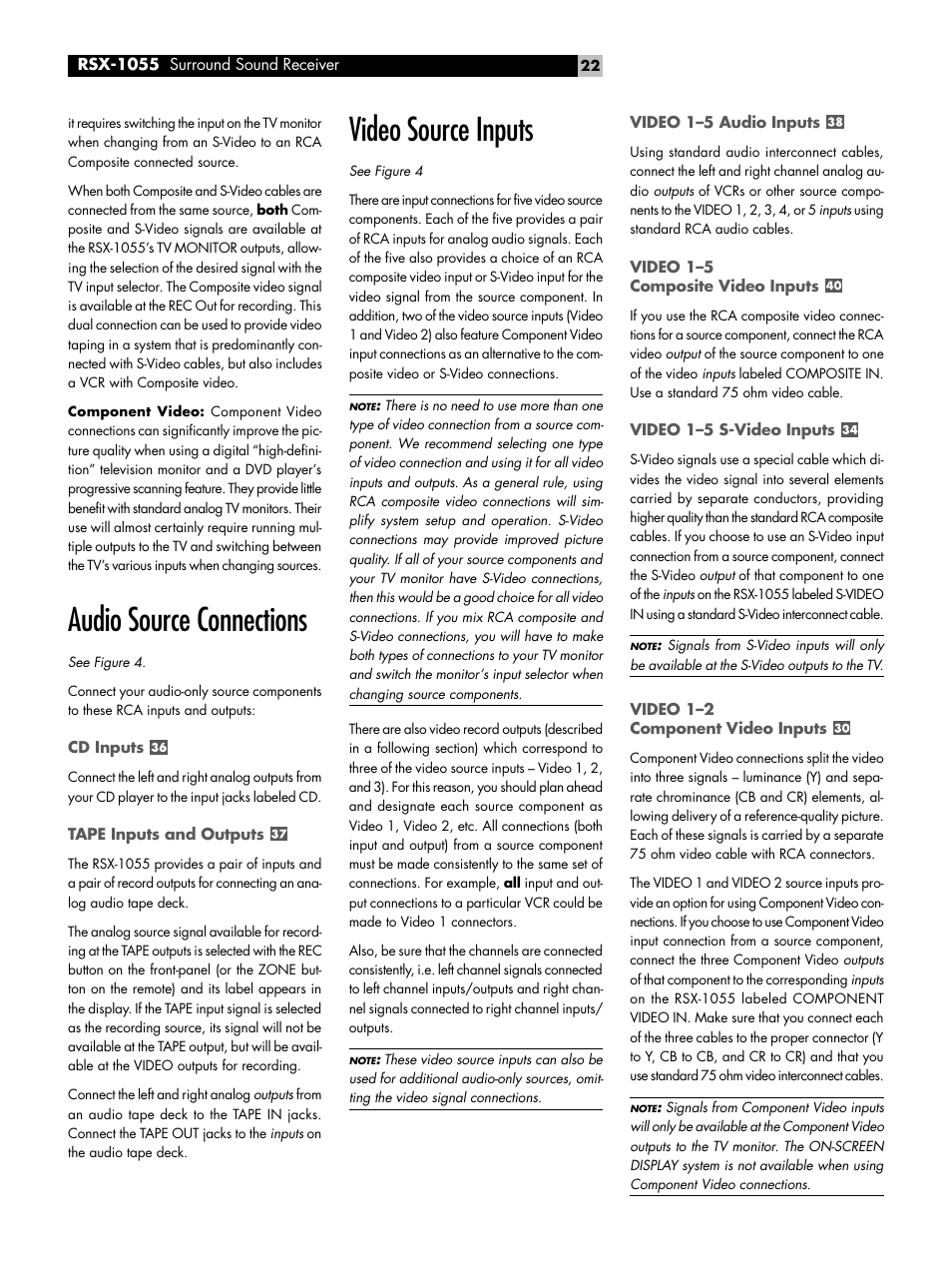 Audio source connections, Cd inputs, Tape inputs and outputs | Video source inputs, Video 1-5 audio inputs, Video 1-5 composite video inputs, Video 1-5 s-video inputs, Video 1-2 component video inputs, Audio source connections cd inputs, Video source inputs video 1–5 audio inputs | ROTEL Surround Sound Receiver RSX-1055 User Manual | Page 22 / 36