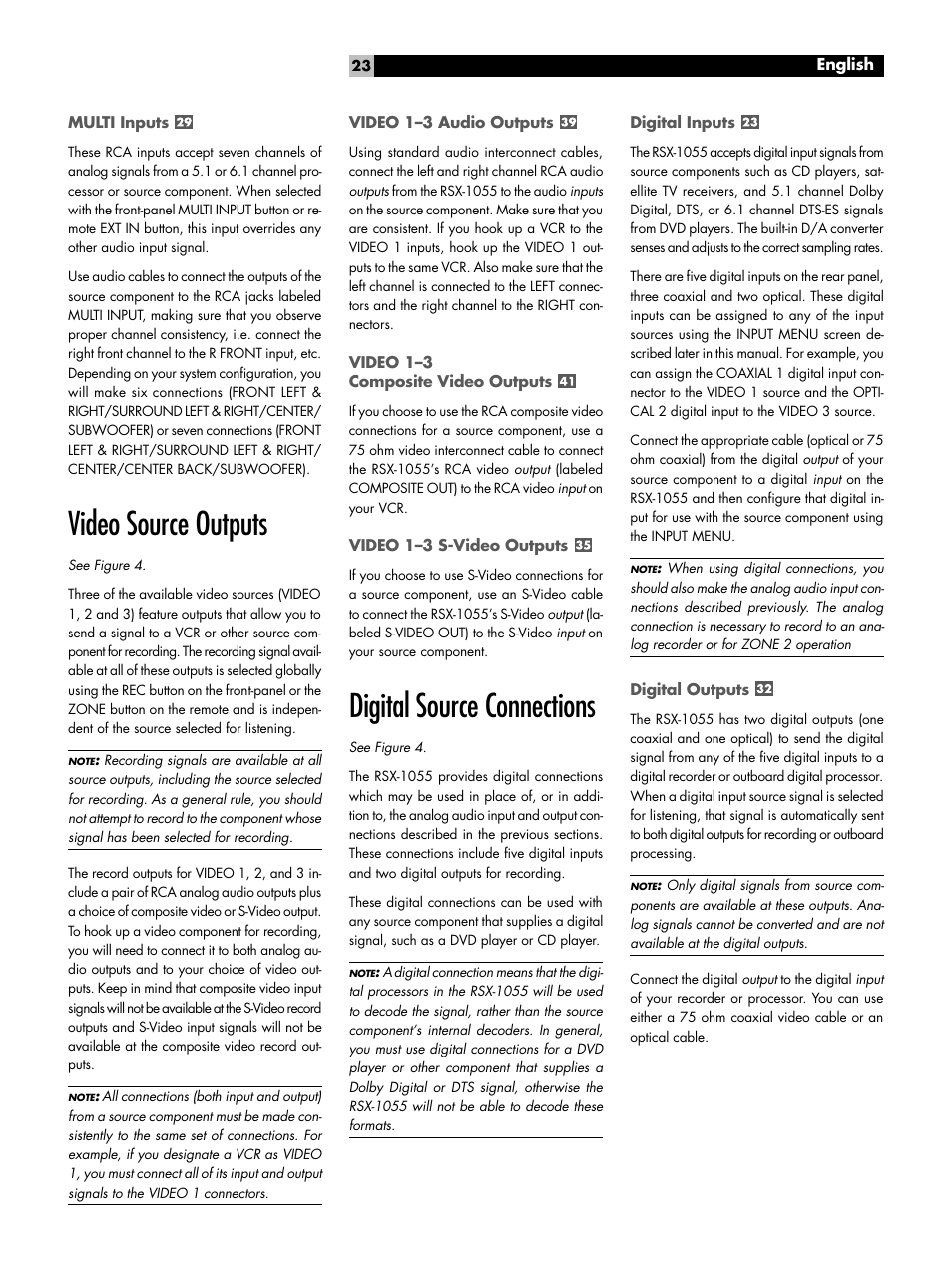 Multi inputs, Video source outputs, Video 1-3 audio outputs | Video 1-3 composite video outputs, Video 1-3 s-video outputs, Digital source connections, Digital inputs, Digital outputs, Video source outputs video 1–3 audio outputs, Video 1–3 composite video outputs | ROTEL Surround Sound Receiver RSX-1055 User Manual | Page 23 / 36