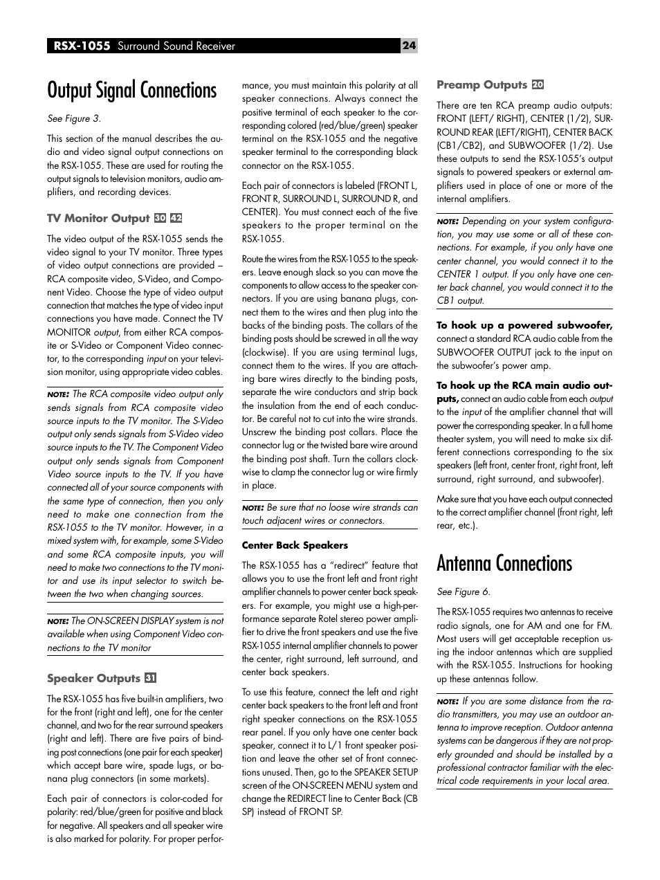 Output signal connections, Tv monitor output, Speaker outputs | Preamp outputs, Antenna connections, Output signal connections tv monitor output | ROTEL Surround Sound Receiver RSX-1055 User Manual | Page 24 / 36