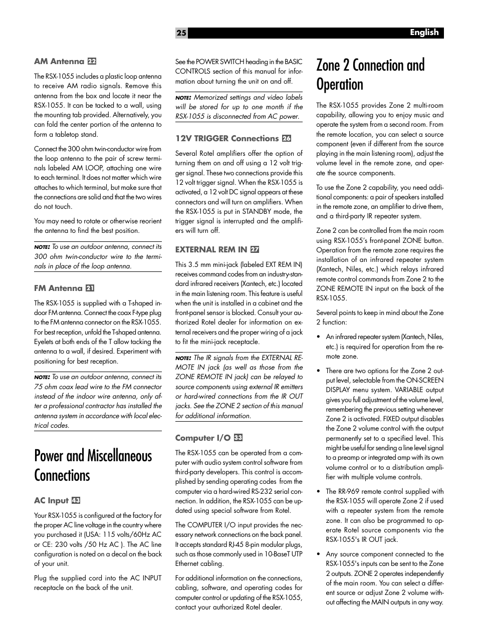 Am antenna, Fm antenna, Power and miscellaneous connections | Ac input, 12v trigger connections, External rem in, Computer i/o, Zone 2 connection and operation, Power and miscellaneous connections ac input | ROTEL Surround Sound Receiver RSX-1055 User Manual | Page 25 / 36