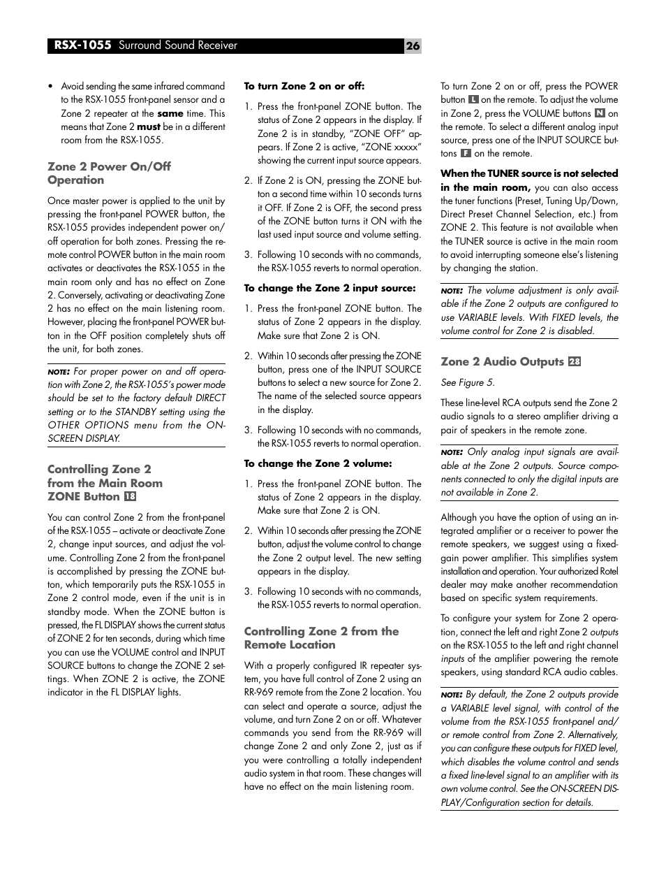 Zone 2 power on/off operation, Controlling zone 2 from the main room zone button, Controlling zone 2 from the remote location | Zone 2 audio outputs | ROTEL Surround Sound Receiver RSX-1055 User Manual | Page 26 / 36
