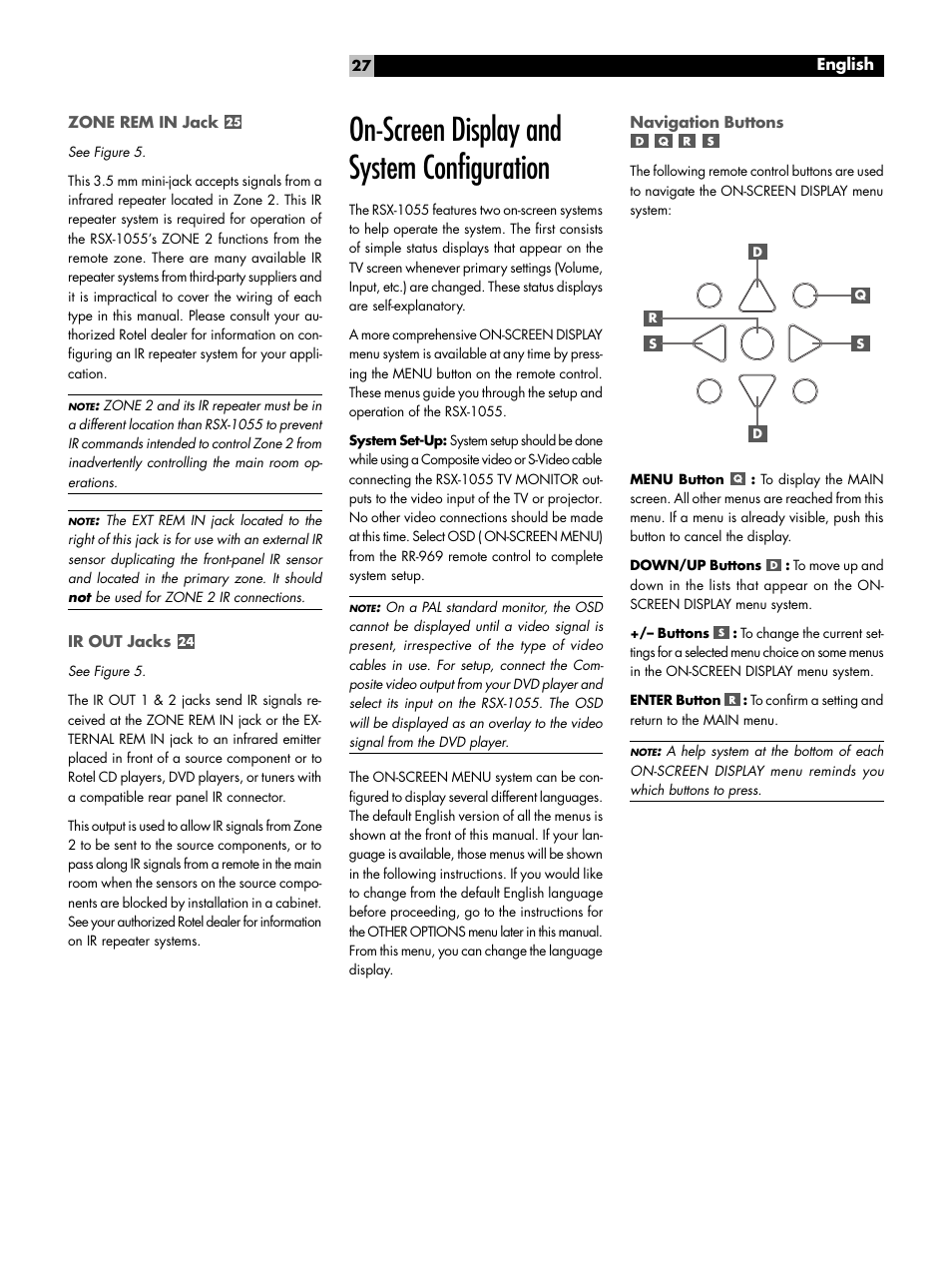Zone rem in jack, Ir out jacks, On-screen display and system configuration | Navigation buttons | ROTEL Surround Sound Receiver RSX-1055 User Manual | Page 27 / 36