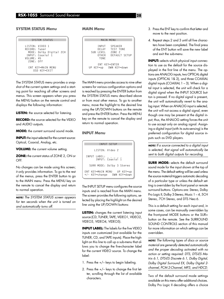 System status menu, Main menu, Input menu | System status menu main menu input menu, Rsx-1055 surround sound receiver | ROTEL Surround Sound Receiver RSX-1055 User Manual | Page 28 / 36