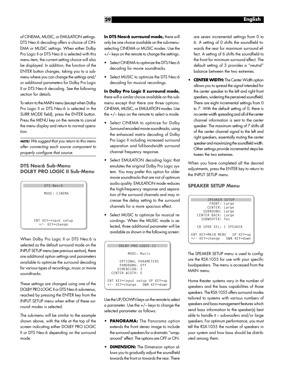 Dts neo:6 sub-menu dolby pro logic ii sub-menu, Speaker setup menu | ROTEL Surround Sound Receiver RSX-1055 User Manual | Page 29 / 36
