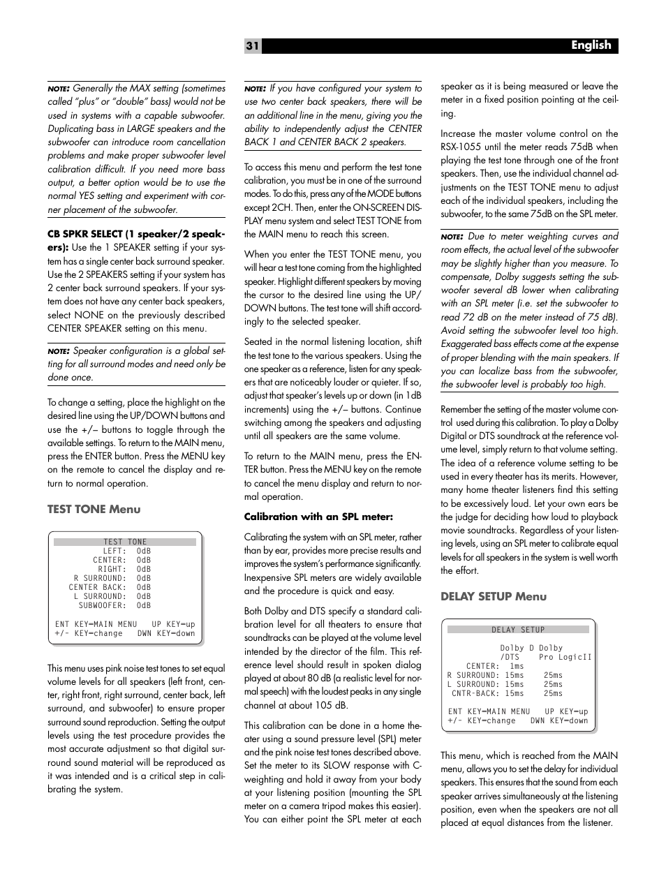 Test tone menu, Delay setup menu, Test tone menu delay setup menu | English | ROTEL Surround Sound Receiver RSX-1055 User Manual | Page 31 / 36