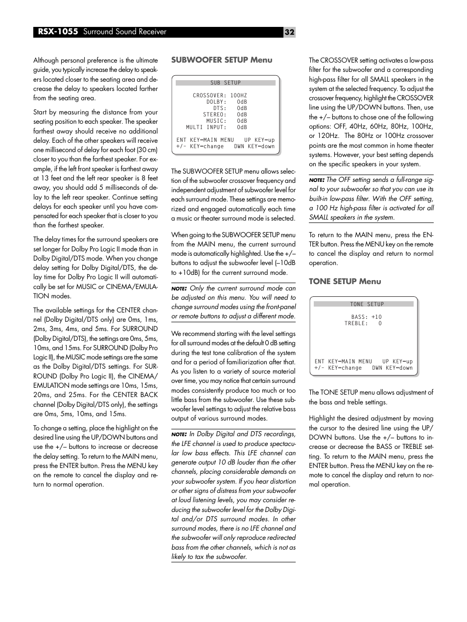 Subwoofer setup menu, Tone setup menu, Subwoofer setup menu tone setup menu | Rsx-1055 surround sound receiver | ROTEL Surround Sound Receiver RSX-1055 User Manual | Page 32 / 36