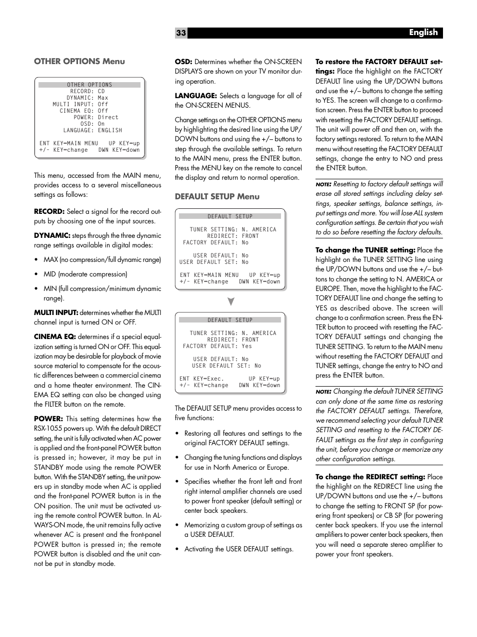 Other options menu, Default setup menu, Other options menu default setup menu | English | ROTEL Surround Sound Receiver RSX-1055 User Manual | Page 33 / 36