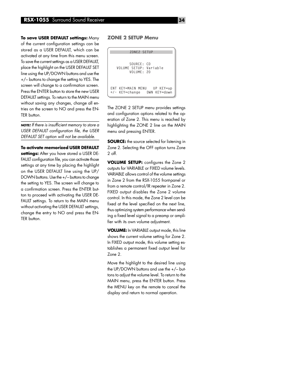 Zone 2 setup menu | ROTEL Surround Sound Receiver RSX-1055 User Manual | Page 34 / 36