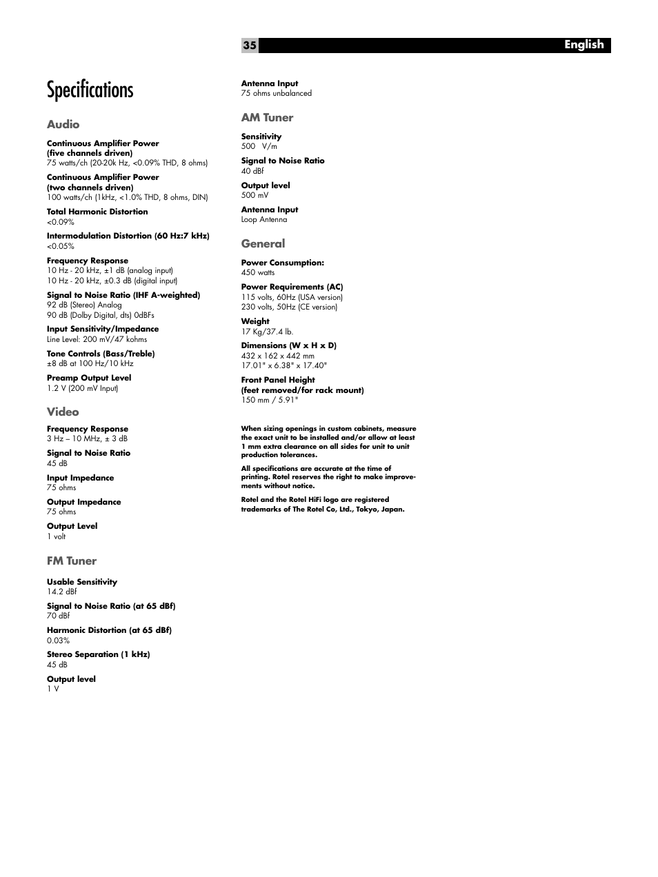 Specifications, Audio, Video | Fm tuner, Am tuner, General, English | ROTEL Surround Sound Receiver RSX-1055 User Manual | Page 35 / 36