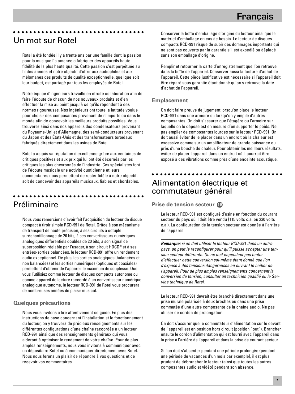 Français, Un mot sur rotel, Préliminaire | Alimentation électrique et commutateur général | ROTEL RCD-991 User Manual | Page 11 / 30