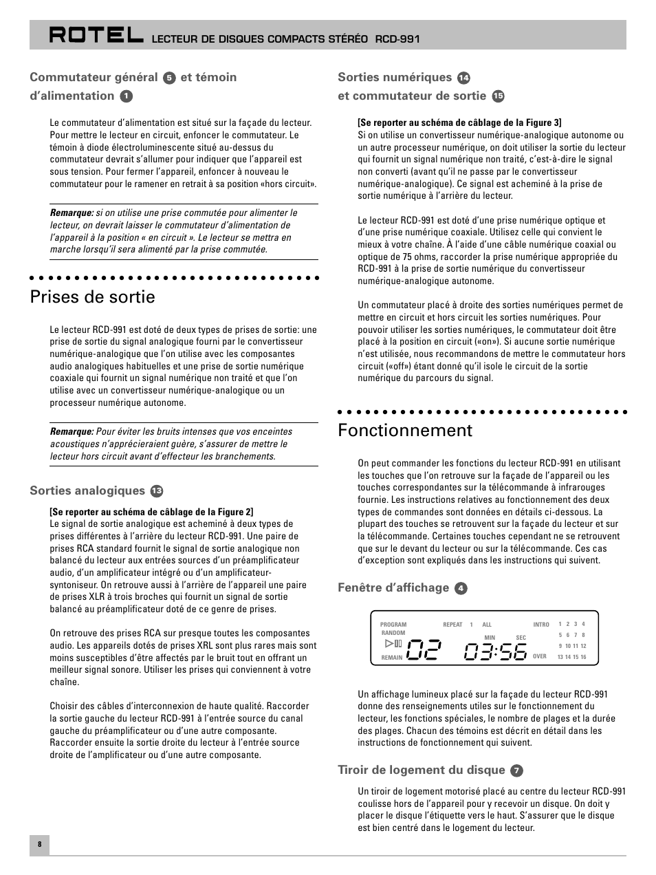 Prises de sortie, Fonctionnement, Commutateur général | Et témoin d’alimentation, Sorties analogiques, Sorties numériques, Et commutateur de sortie, Fenêtre d’affichage, Tiroir de logement du disque | ROTEL RCD-991 User Manual | Page 12 / 30