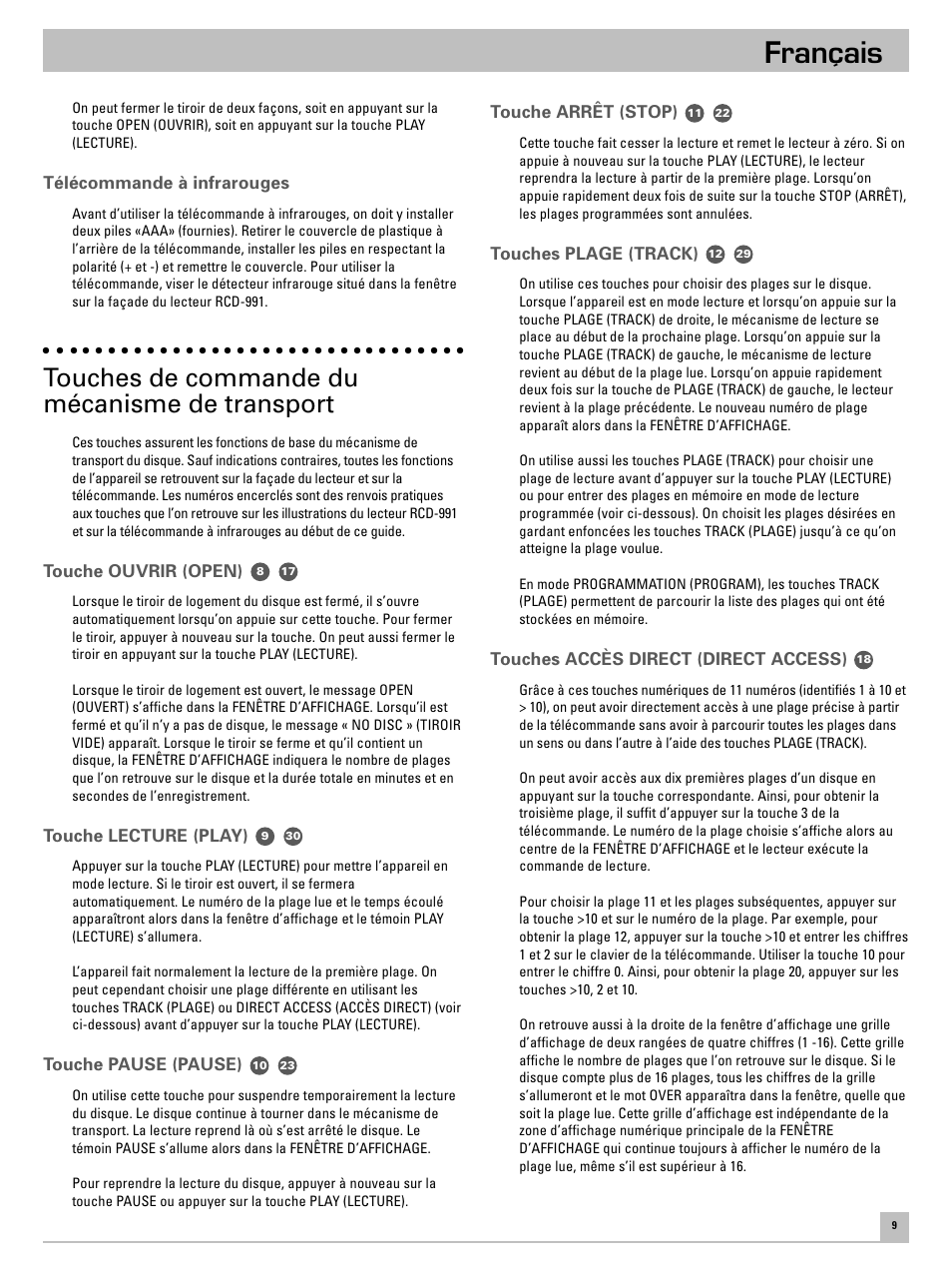 Français, Touches de commande du mécanisme de transport | ROTEL RCD-991 User Manual | Page 13 / 30