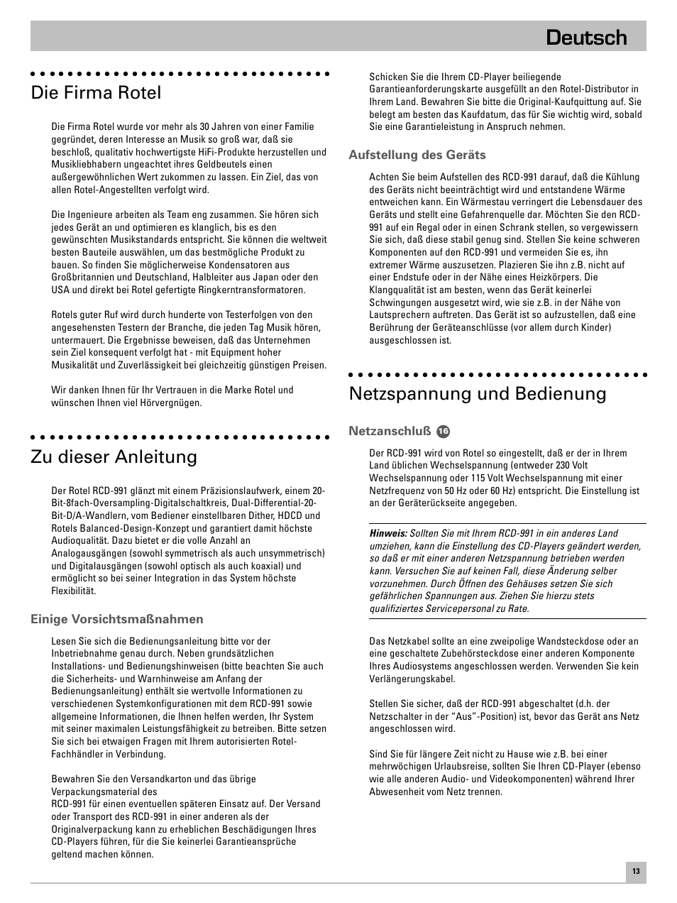 Deutsch, Die firma rotel, Zu dieser anleitung | Netzspannung und bedienung | ROTEL RCD-991 User Manual | Page 17 / 30