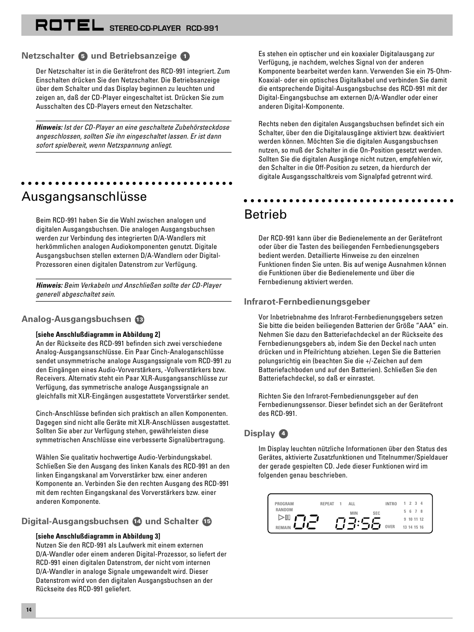 Ausgangsanschlüsse, Betrieb, Netzschalter | Und betriebsanzeige, Analog-ausgangsbuchsen, Digital-ausgangsbuchsen, Und schalter, Infrarot-fernbedienungsgeber, Display | ROTEL RCD-991 User Manual | Page 18 / 30