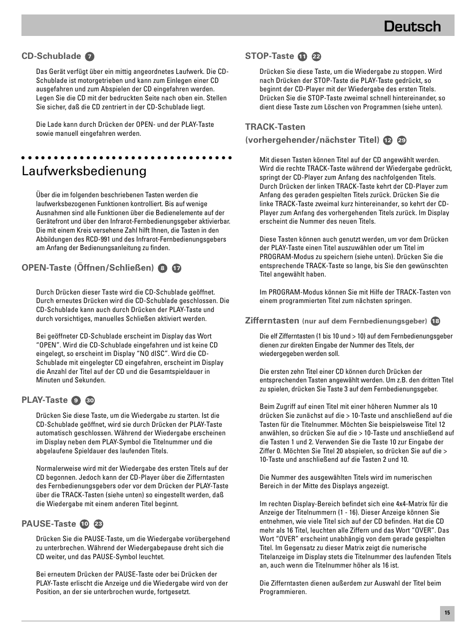 Deutsch, Laufwerksbedienung | ROTEL RCD-991 User Manual | Page 19 / 30