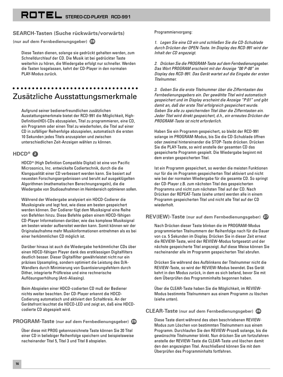 Zusätzliche ausstattungsmerkmale | ROTEL RCD-991 User Manual | Page 20 / 30