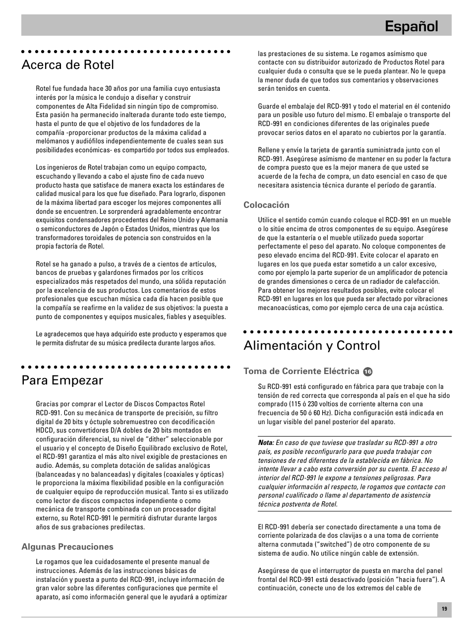 Español, Acerca de rotel, Para empezar | Alimentación y control | ROTEL RCD-991 User Manual | Page 23 / 30