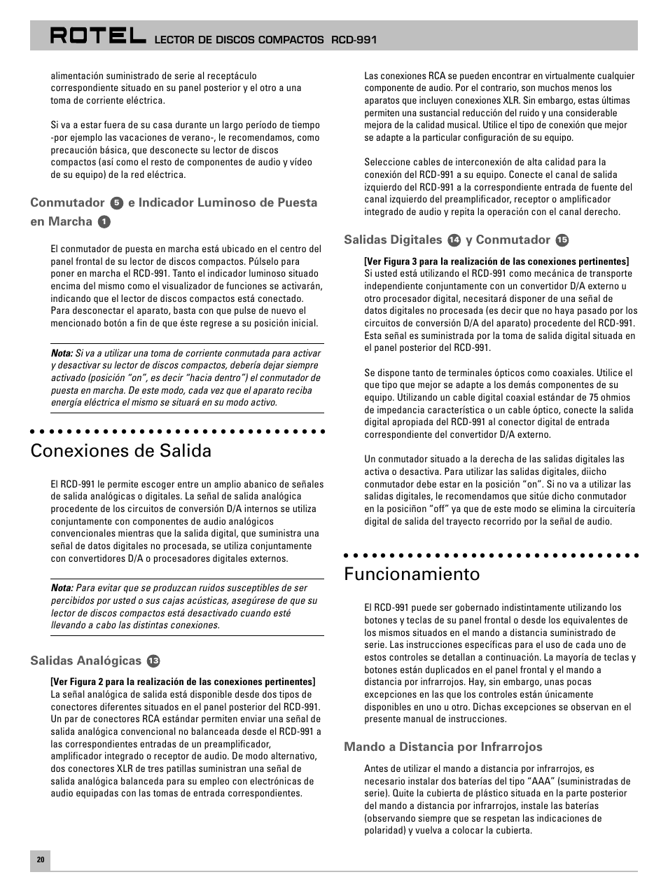 Conexiones de salida, Funcionamiento | ROTEL RCD-991 User Manual | Page 24 / 30