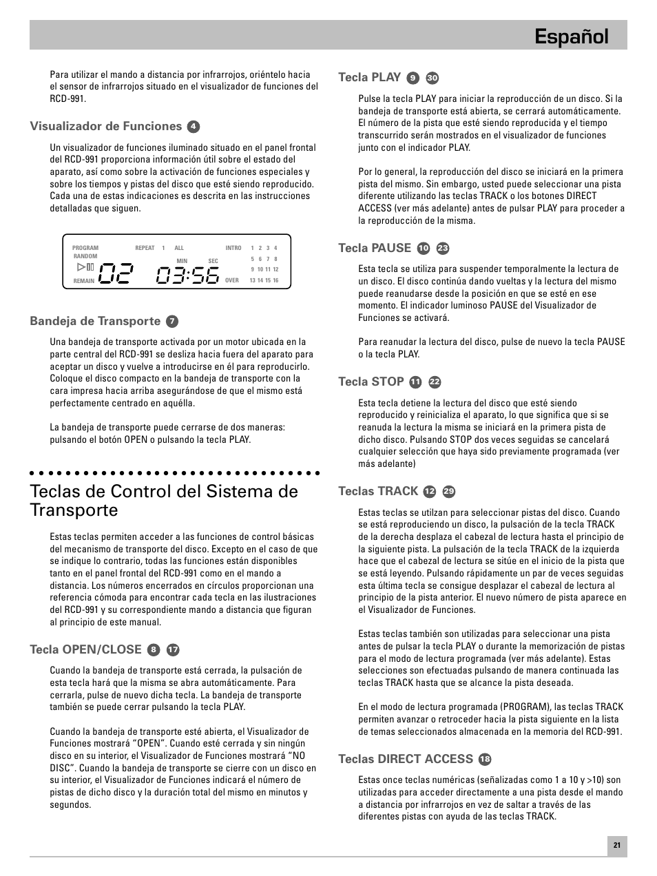 Español, Teclas de control del sistema de transporte, Visualizador de funciones | Bandeja de transporte, Tecla open/close, Tecla play, Tecla pause, Tecla stop, Teclas track, Teclas direct access | ROTEL RCD-991 User Manual | Page 25 / 30