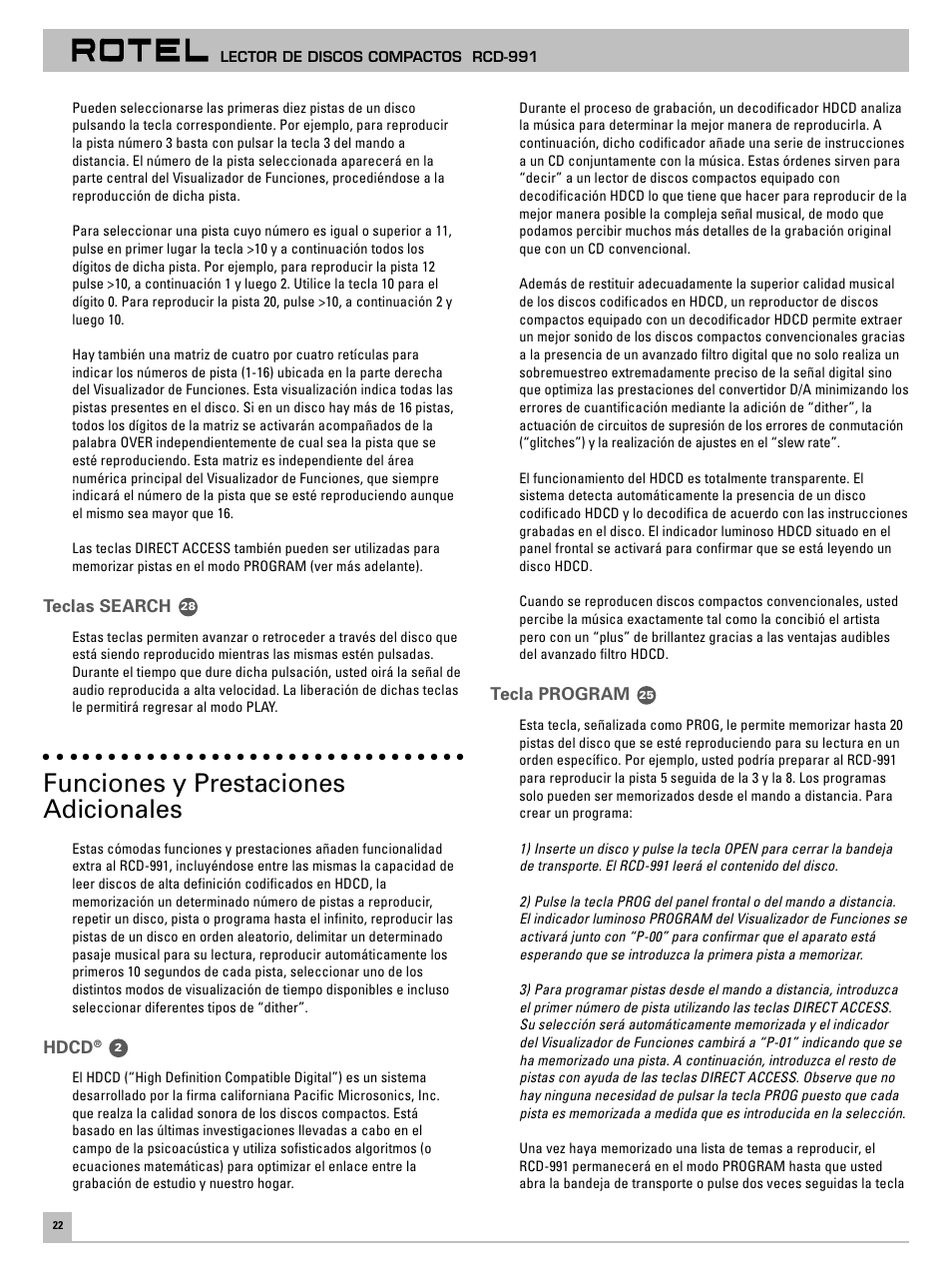 Funciones y prestaciones adicionales | ROTEL RCD-991 User Manual | Page 26 / 30