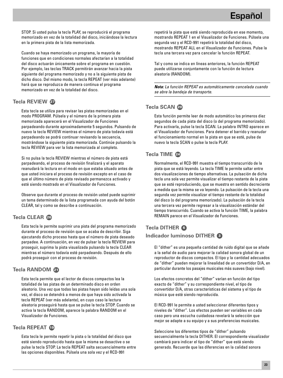 Español | ROTEL RCD-991 User Manual | Page 27 / 30